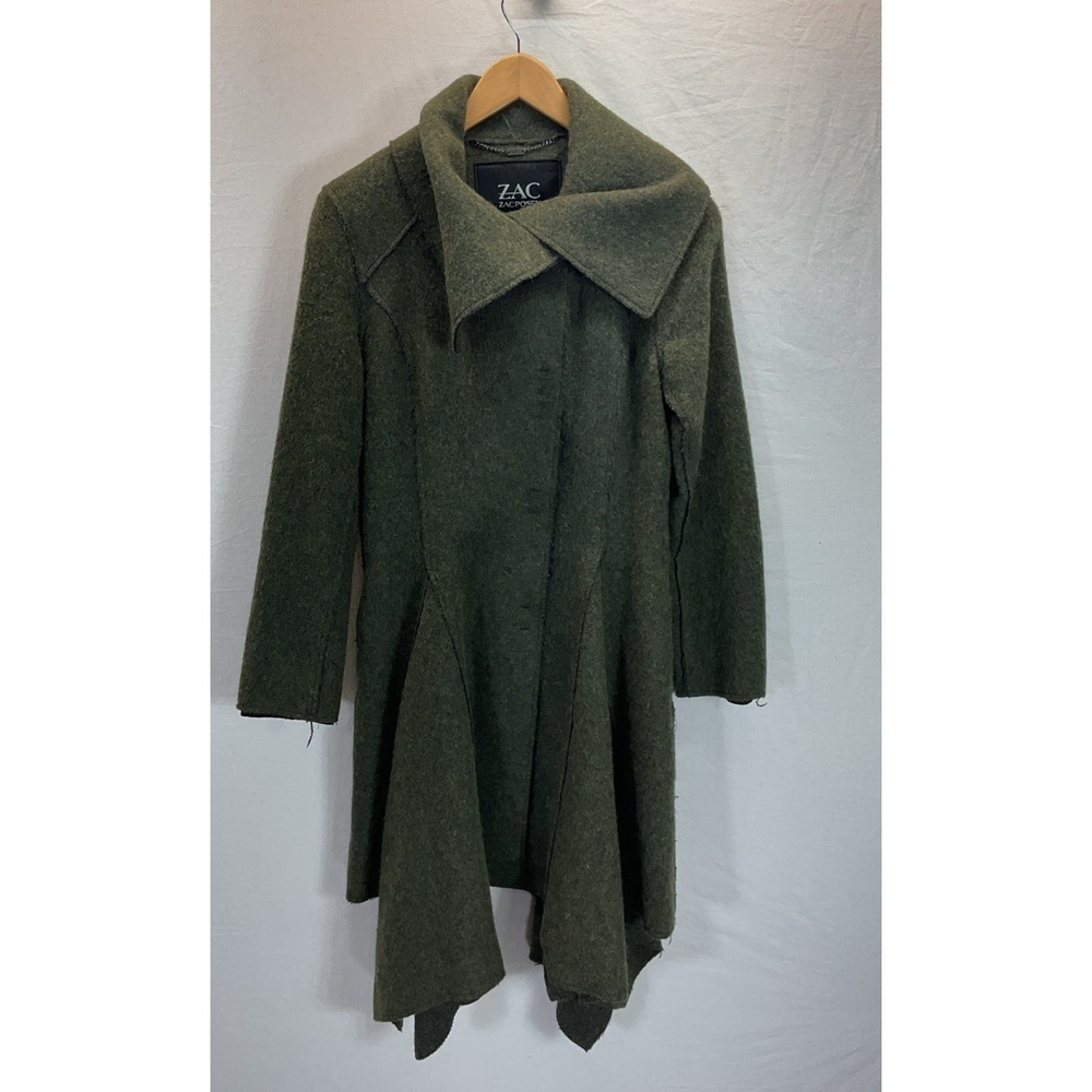 New ZAC‎ Zac Posen Wool Asymmetrical Collar Coat Mag button Frayed Look Witchy 4
